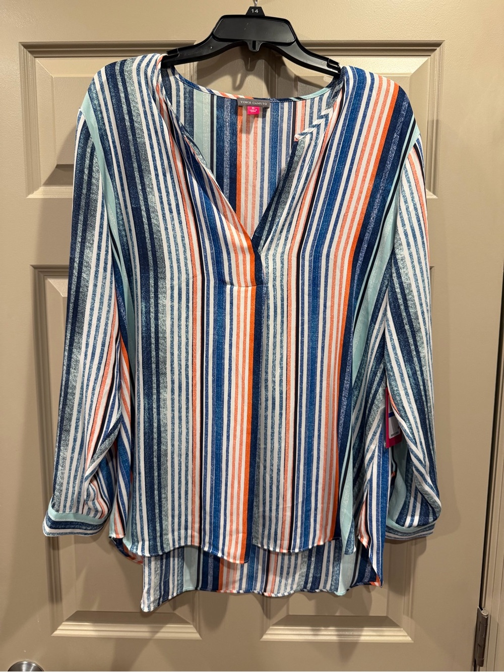 NWTs Vince Camuto Blue, Navy, Orange & Mint Striped V-Neck Tunic
